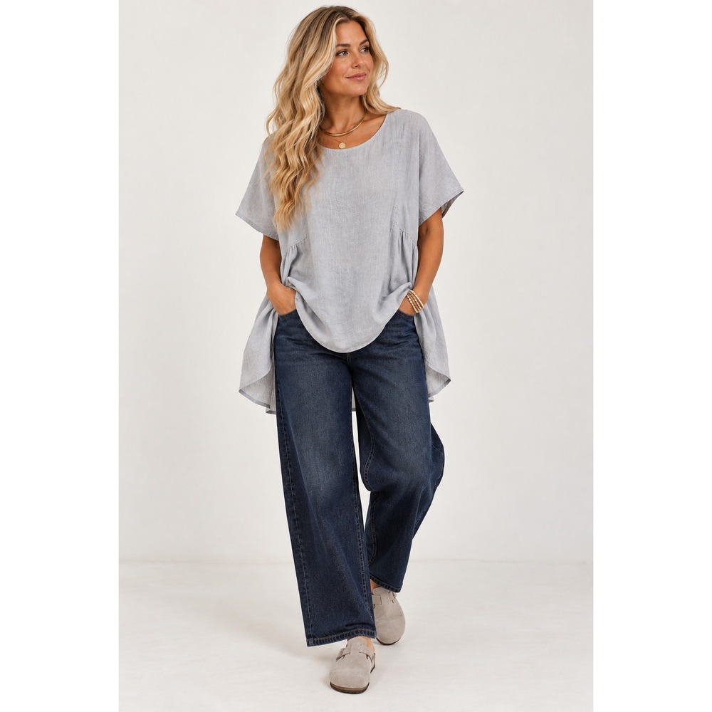 FLAX 100% Linen Tunic Top L Blue Gray Lagenlook Oversized Swing Coastal Boho